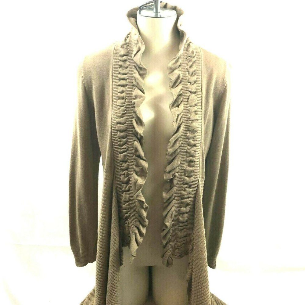 allison brittney Womens Large Light Brown Sweater Open Front Ruffles Shark Bite